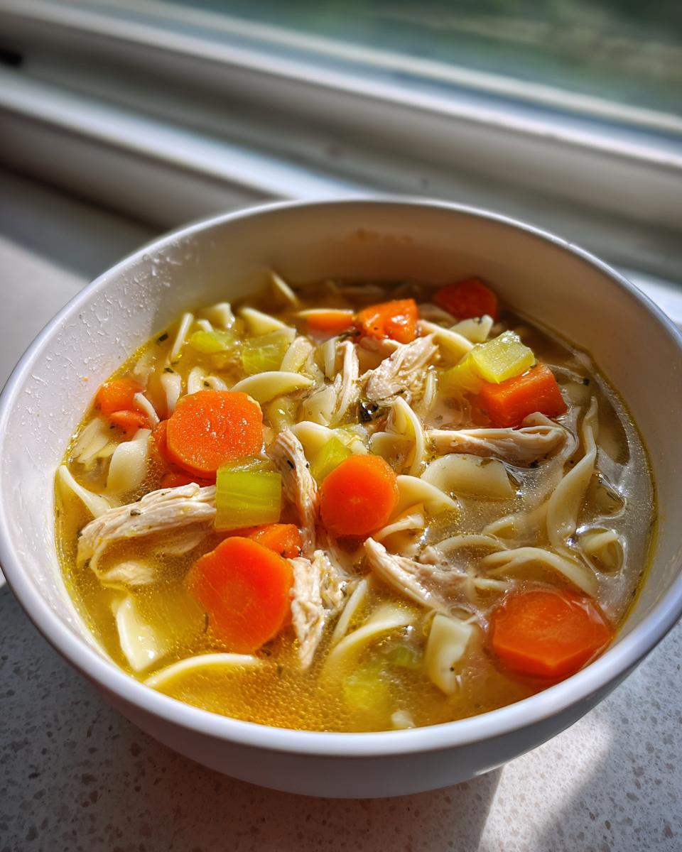 Close-up of a white bowl filled with steaming Chicken Soup featuring egg noodles, shredded chicken, carrots, and celery.