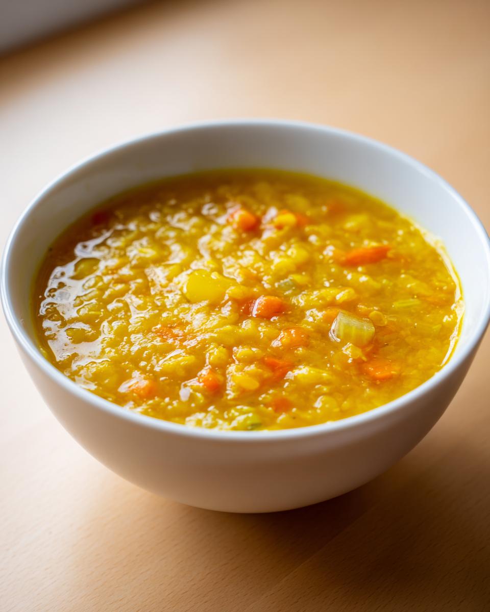 Close-up of a white bowl filled with thick, vibrant yellow Lentil Soup containing visible pieces of carrots and celery.