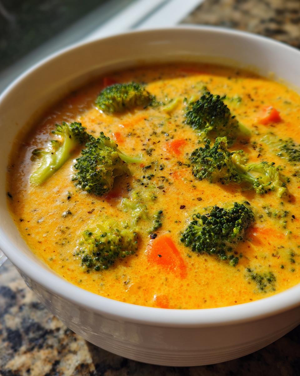 Close-up of a creamy, orange-yellow bowl of Broccoli Cheddar Soup, topped with bright green broccoli florets and cracked pepper.