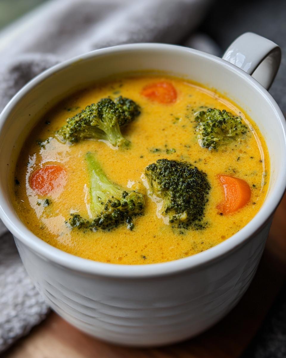 Close-up of rich, yellow Broccoli Cheddar Soup topped with bright green broccoli florets and sliced carrots in a white mug.