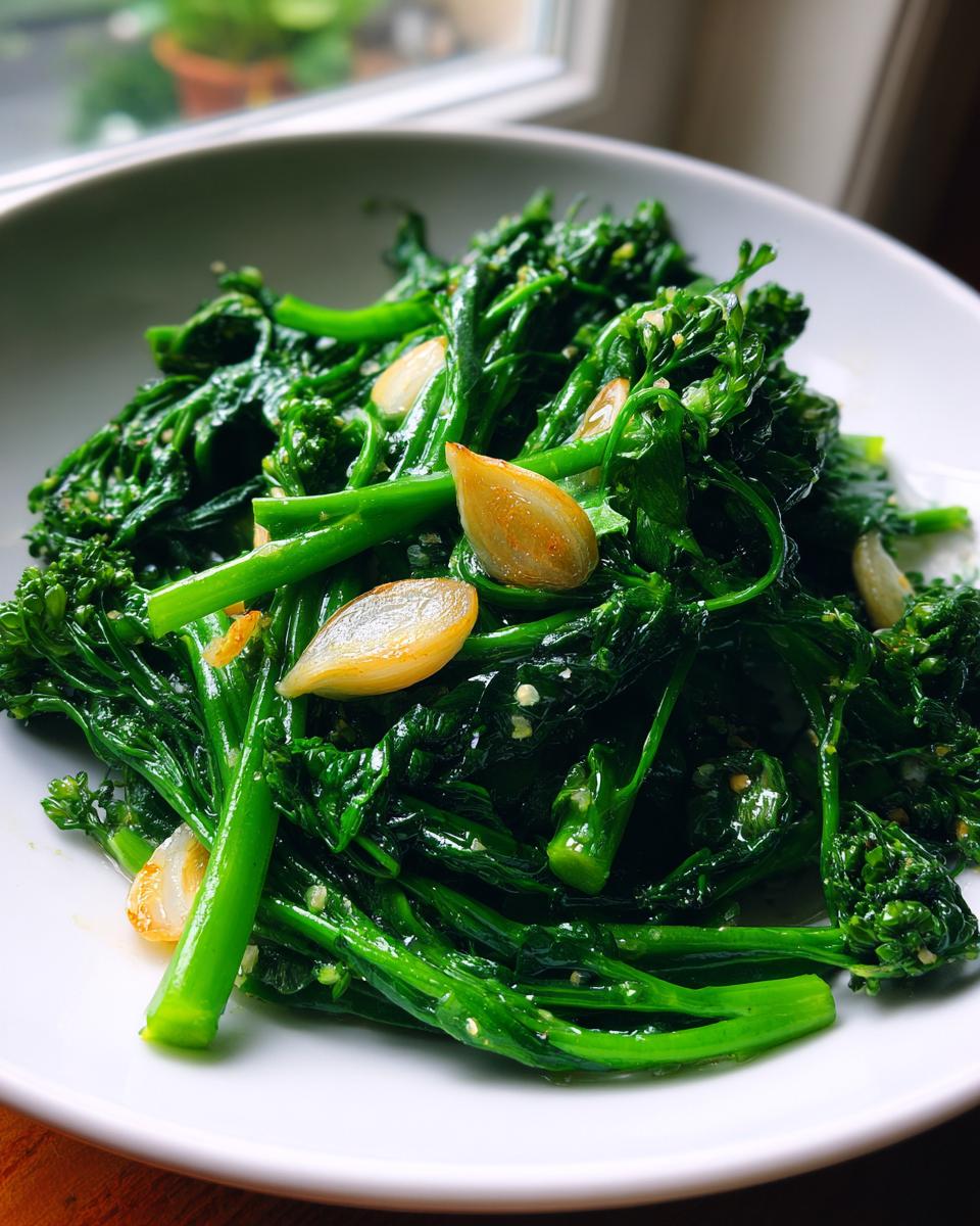 Close-up of vibrant green saut&eacute;ed broccoli rabe recipes mixed with caramelized garlic slices.