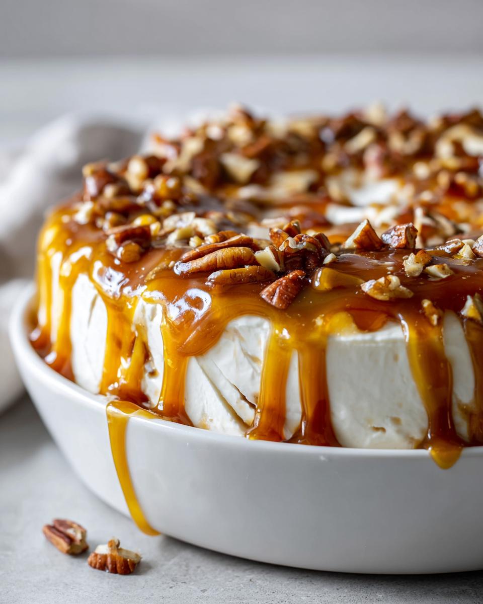 Close-up of a creamy Caramel Apple Dip covered in thick caramel sauce and chopped pecans.