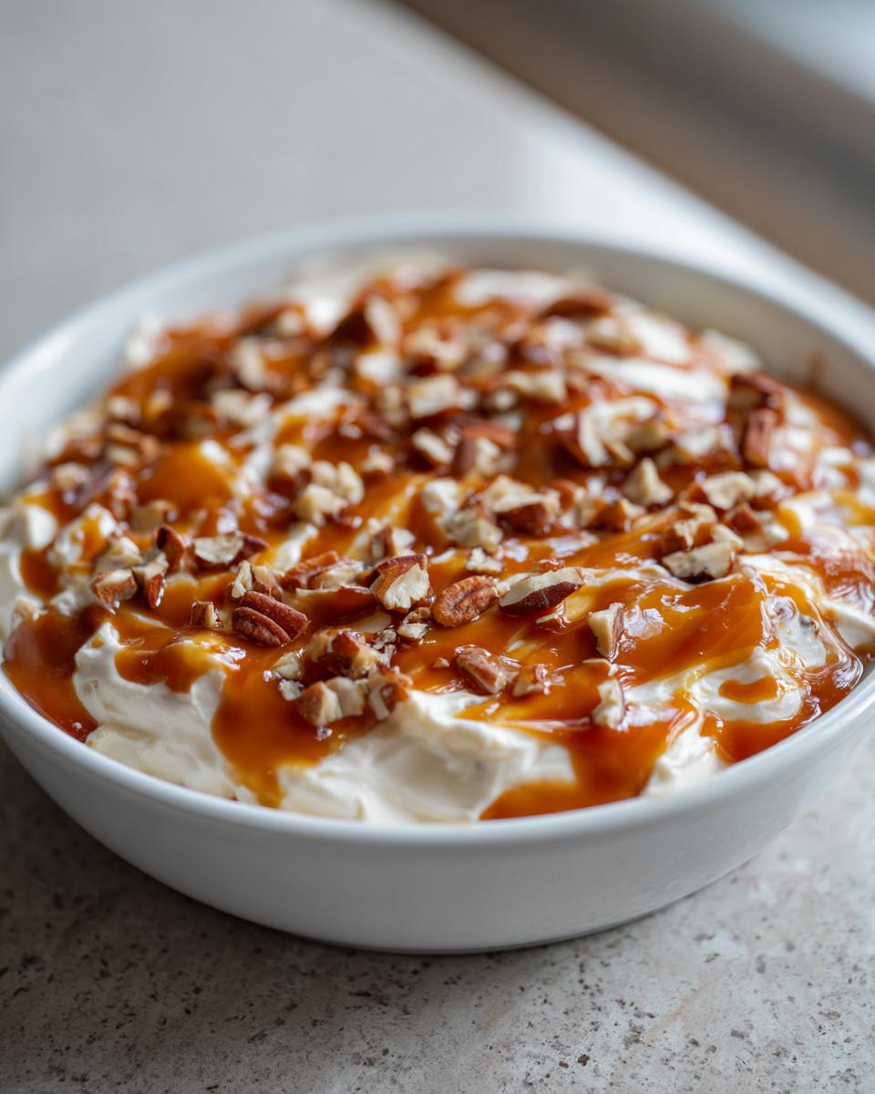 Close-up of a bowl of creamy Caramel Apple Dip topped with caramel sauce and chopped pecans.