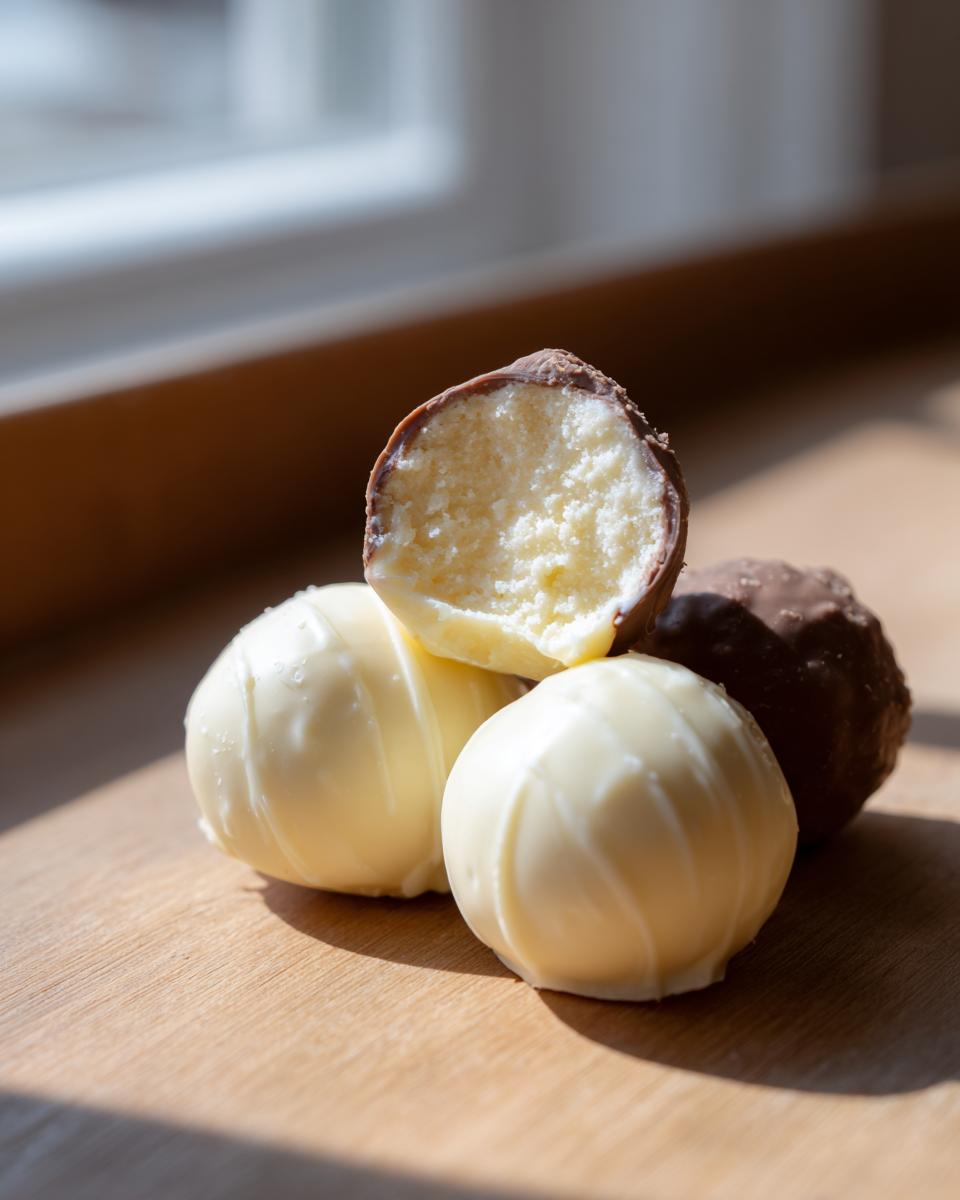 A close-up of three Cheesecake Truffles, two coated in white chocolate and one in dark chocolate, with one truffle cut open showing the creamy filling.
