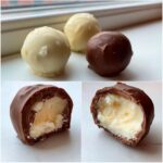 A collage showing whole white and dark chocolate Cheesecake Truffles and cross-sections revealing the creamy filling.