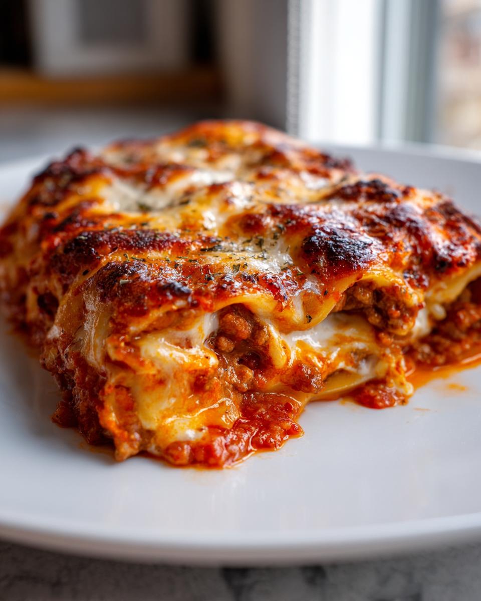 Close-up of a serving of baked cannelloni recipes, showing layers of pasta, rich meat sauce, and melted, browned cheese.