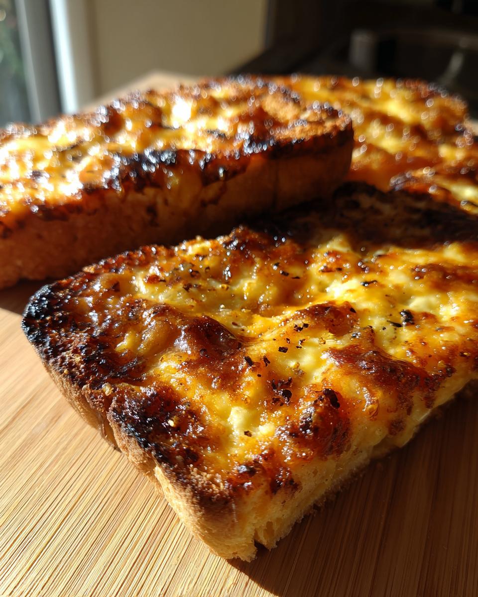 Close-up of golden, bubbly, melted cheese toast, likely featuring Marmite Recipes spread underneath.