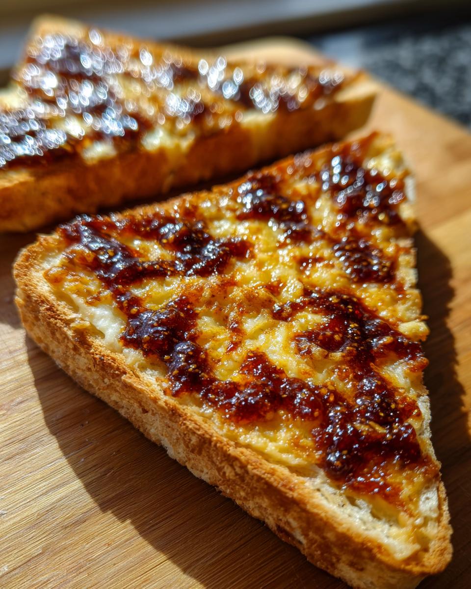 Close-up of cheesy toast topped with melted Marmite, a popular choice for Marmite Recipes.