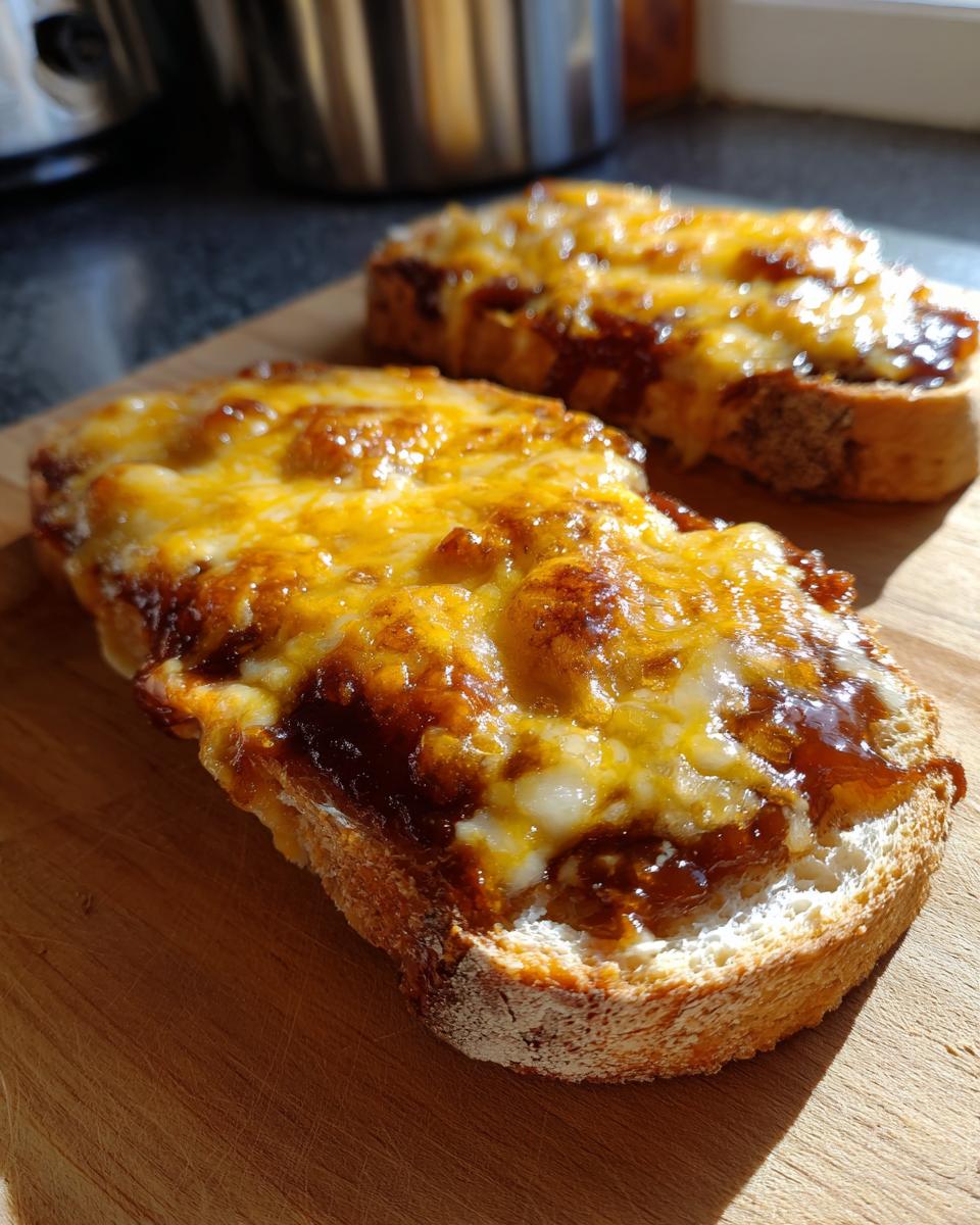 Two slices of toast topped with melted cheese and dark Marmite spread, ready for a quick snack.