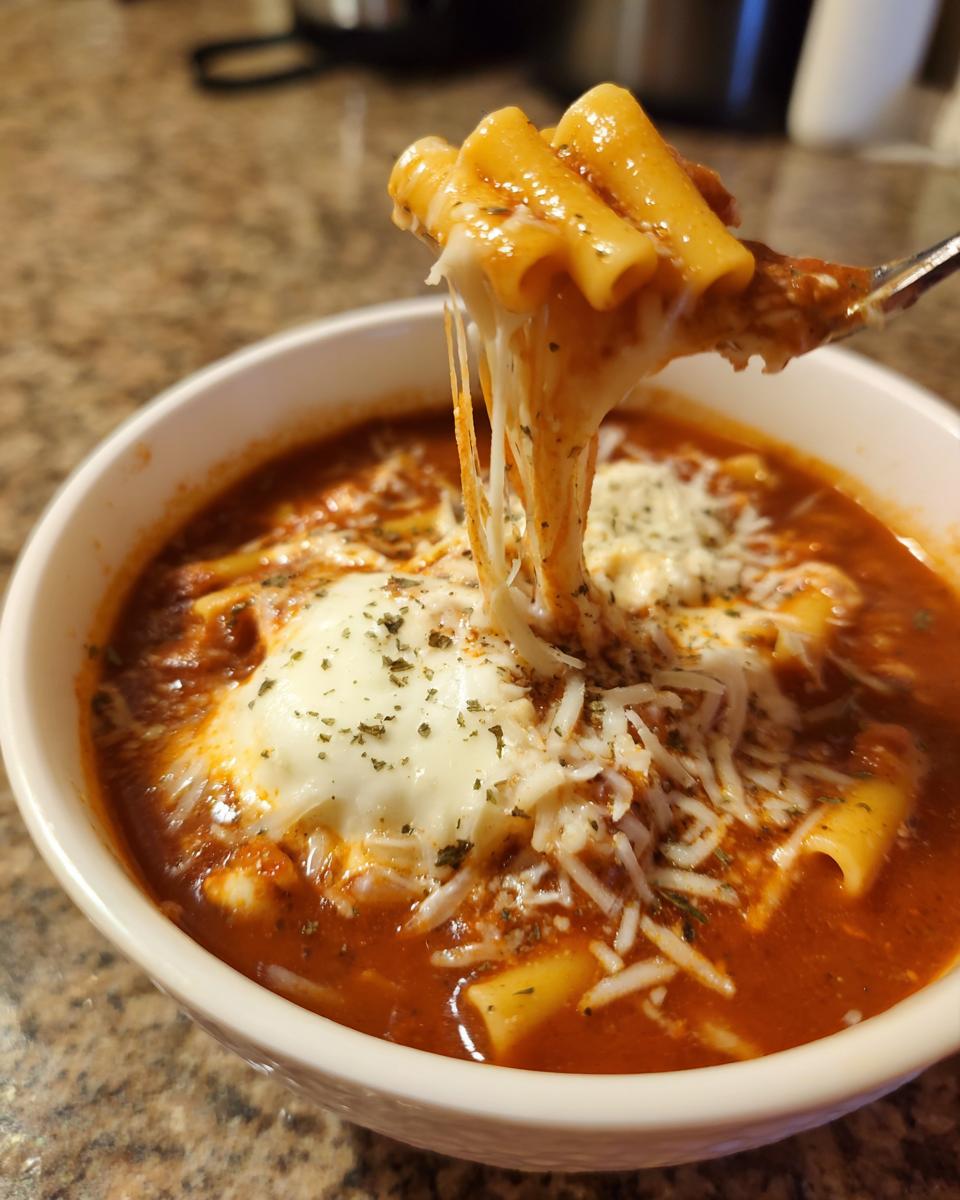 A fork lifting rigatoni pasta covered in melted cheese from a bowl of Lasagna Soup Crockpot.