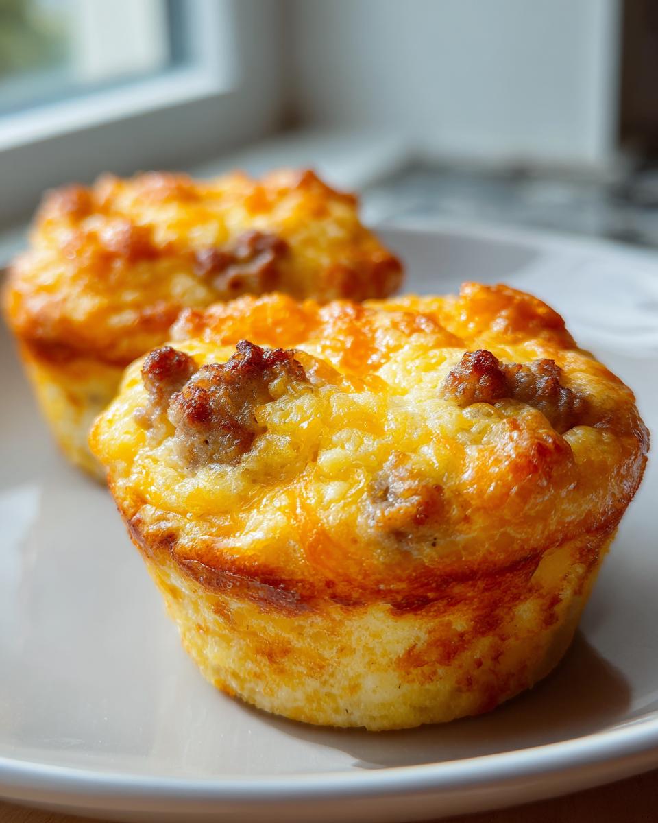 Two golden-brown Sausage Muffins topped with melted cheese and visible bits of cooked sausage on a light plate.