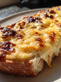 Close-up of cheesy toast made with Marmite Recipes spread, featuring melted, bubbly, and browned cheese.