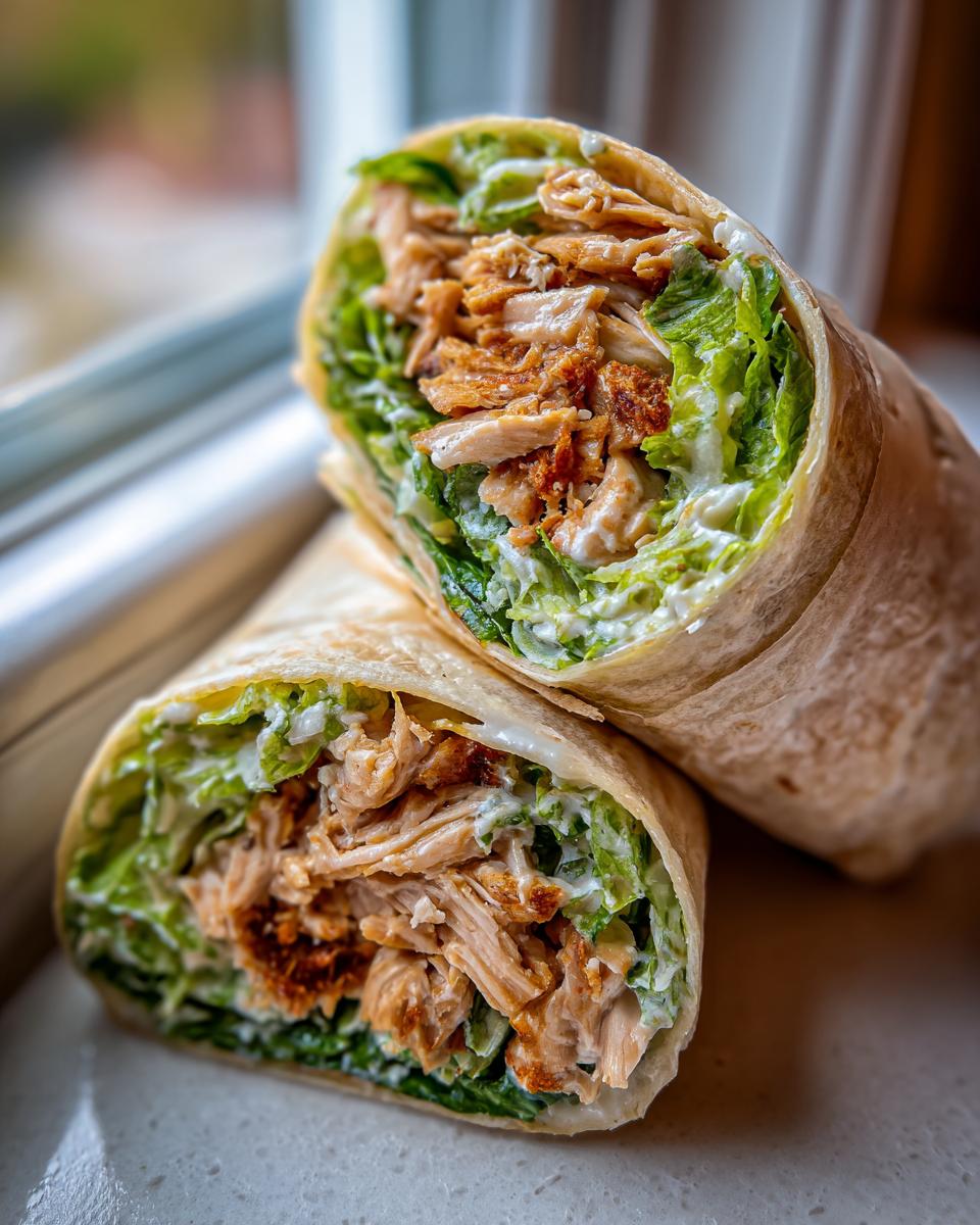 Close-up of a halved Chicken Caesar Wrap showing shredded chicken, romaine lettuce, and creamy Caesar dressing.