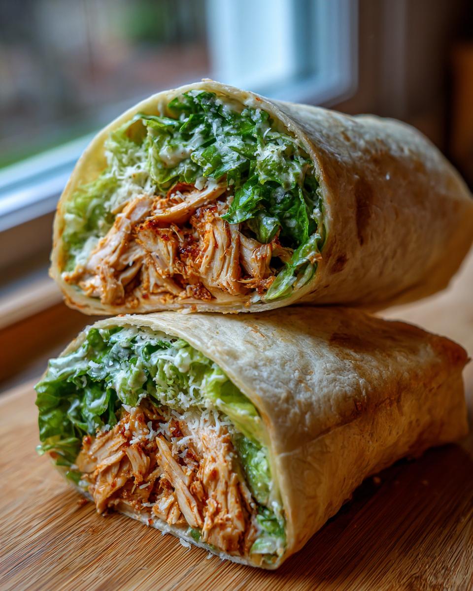 Two halves of a Chicken Caesar Wrap stacked, showing shredded chicken, romaine lettuce, and cheese inside a tortilla.