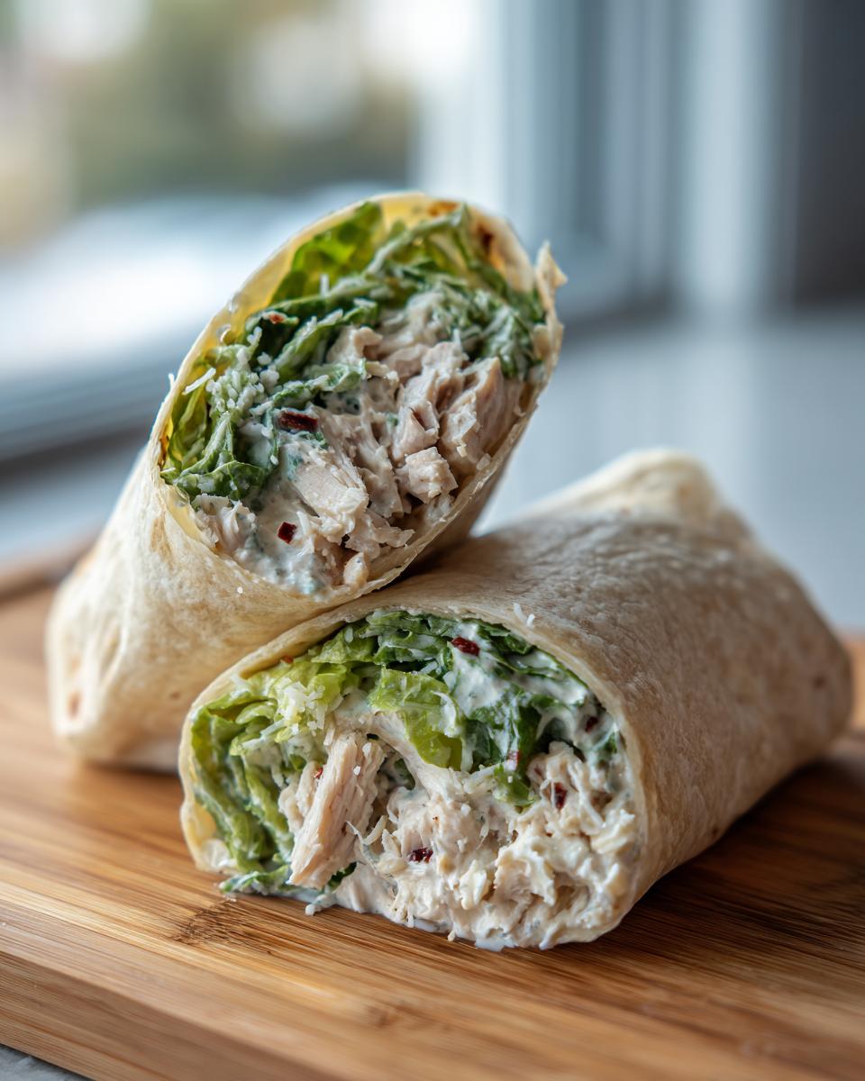 Two halves of a delicious Chicken Caesar Wrap, showing shredded chicken, lettuce, and creamy dressing inside a tortilla.