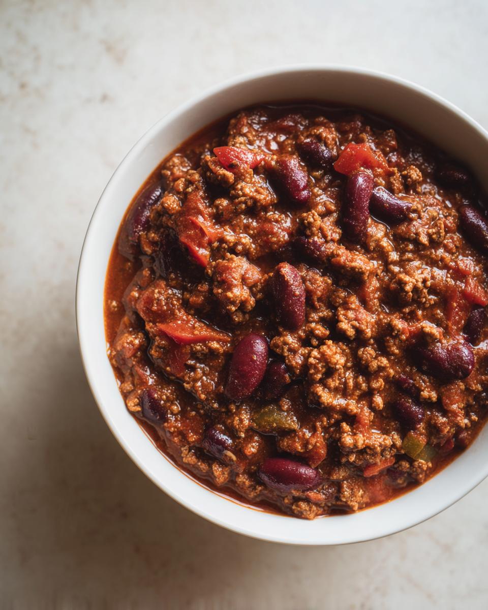 Overhead close-up of a white bowl filled with rich, thick Chili Recipe Crockpot featuring ground meat and kidney beans.