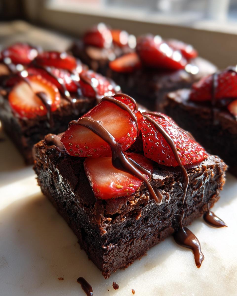 A rich, fudgy square of Chocolate Covered Strawberry Brownies topped with fresh strawberry slices and chocolate drizzle.