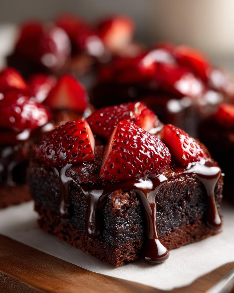A rich, fudgy square of Chocolate Covered Strawberry Brownies topped with fresh strawberries and dripping chocolate ganache.