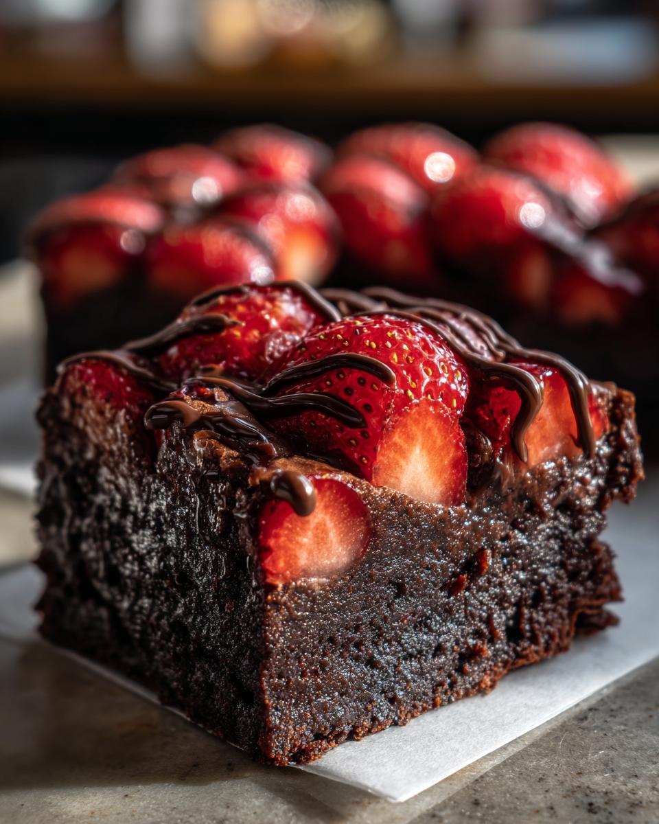 A rich, fudgy square of Chocolate Covered Strawberry Brownies topped with fresh strawberry halves and chocolate drizzle.