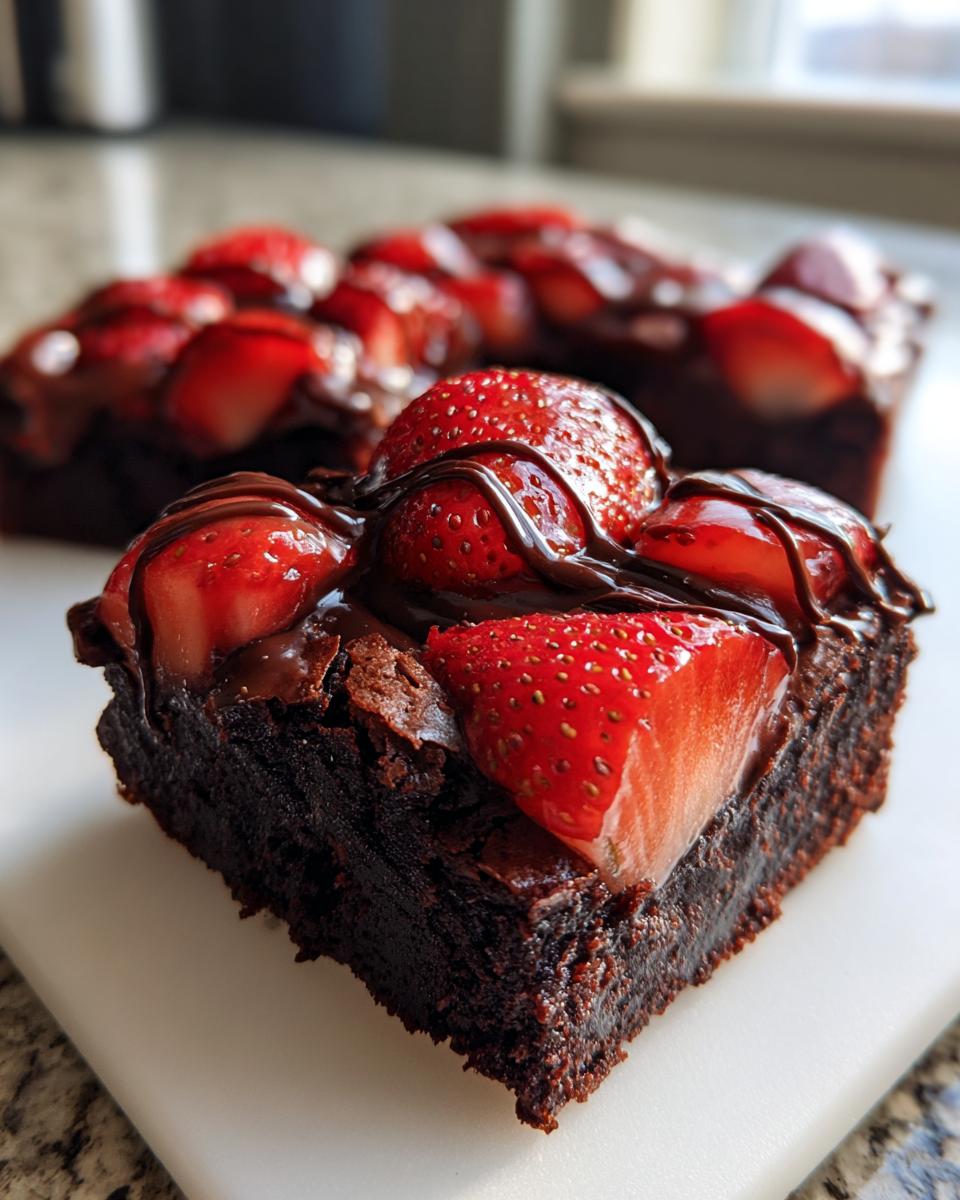 A rich, fudgy square of Chocolate Covered Strawberry Brownies topped with fresh strawberries and chocolate drizzle.