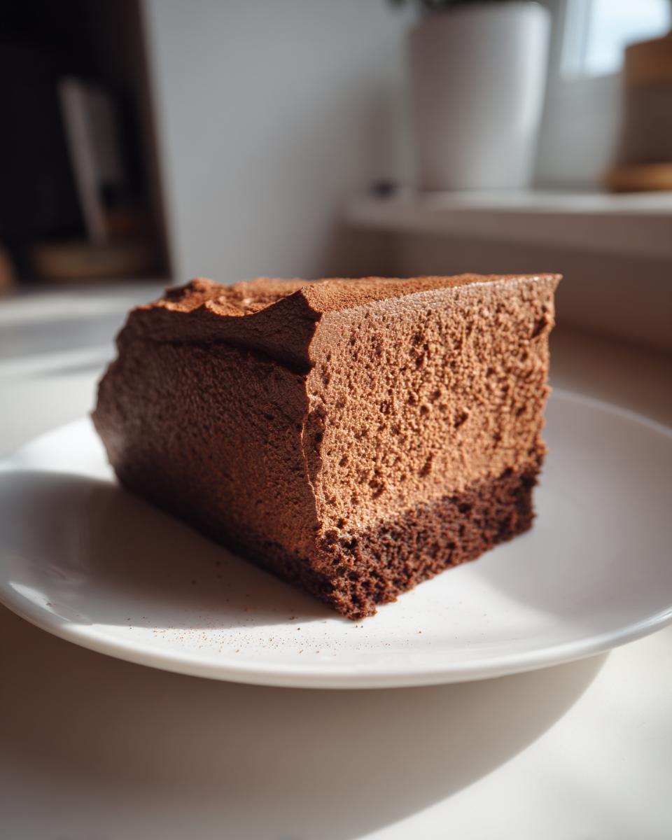 A thick slice of chocolate mousse Keto Cakes with a dense cake base on a white plate.