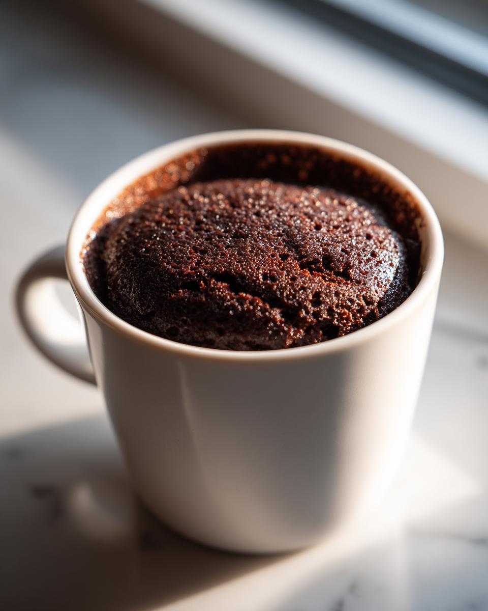 Close-up of a rich, dark chocolate mug cake baked inside a white mug, perfect for Birthday Cake Alternatives.