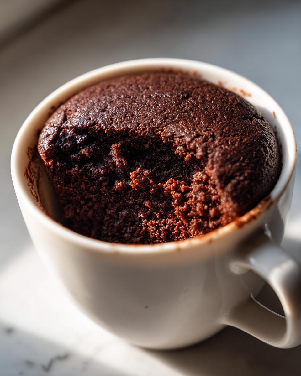 Close-up of a rich, dark chocolate mug cake, a perfect example of Birthday Cake Alternatives.