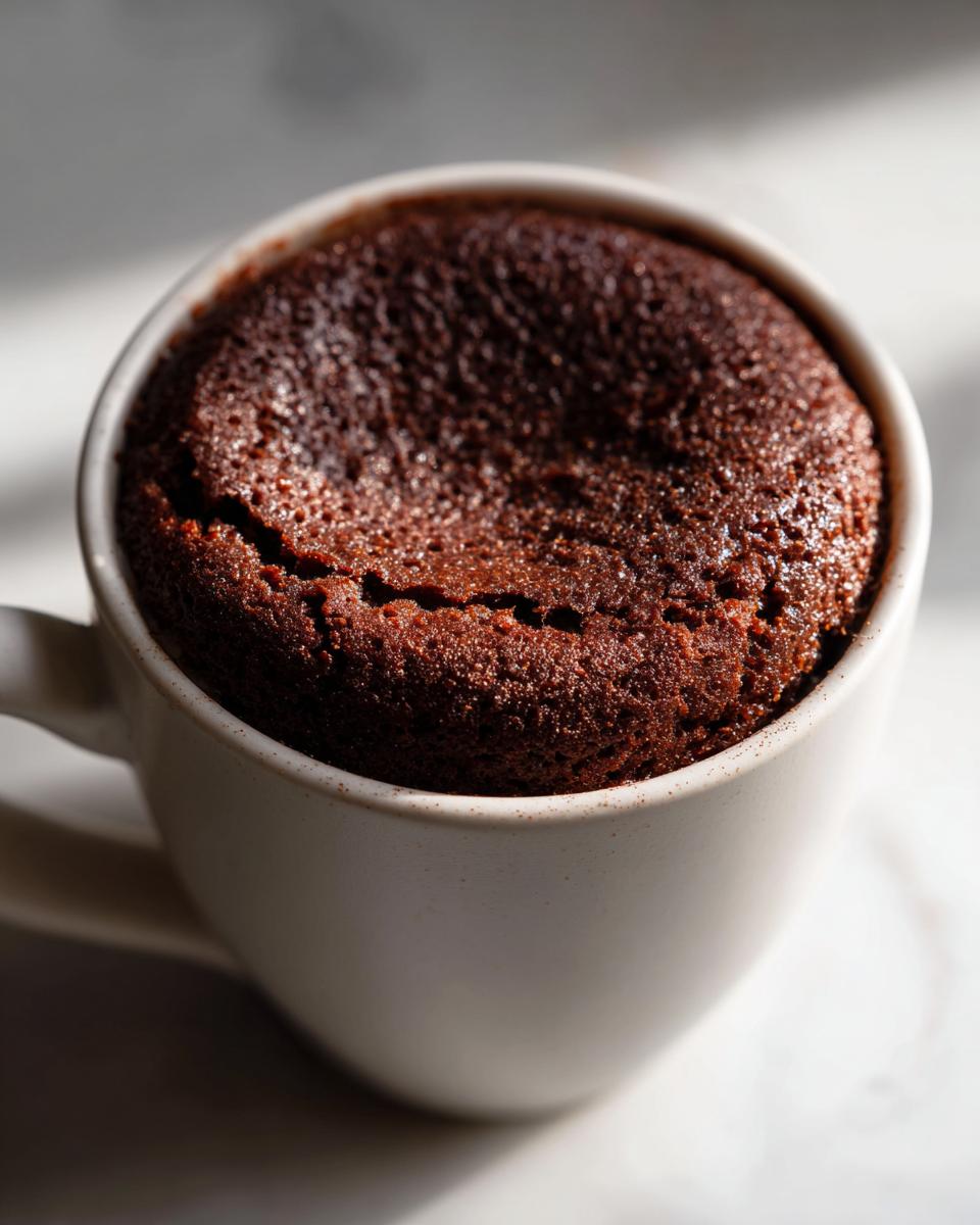 Close-up of a rich, dark chocolate mug cake, a perfect example of Birthday Cake Alternatives.