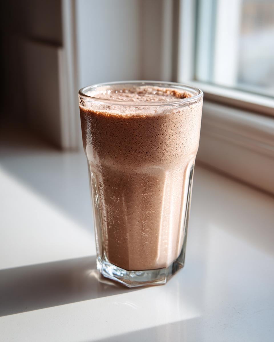 A tall glass filled with a frothy chocolate smoothie, likely made with PB2 Recipes, sitting on a bright white surface near a window.