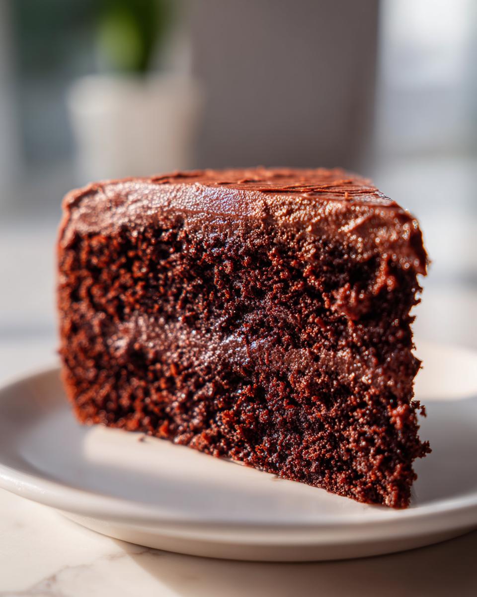 Close-up of a moist, dark chocolate slice of Keto Cakes on a white plate.