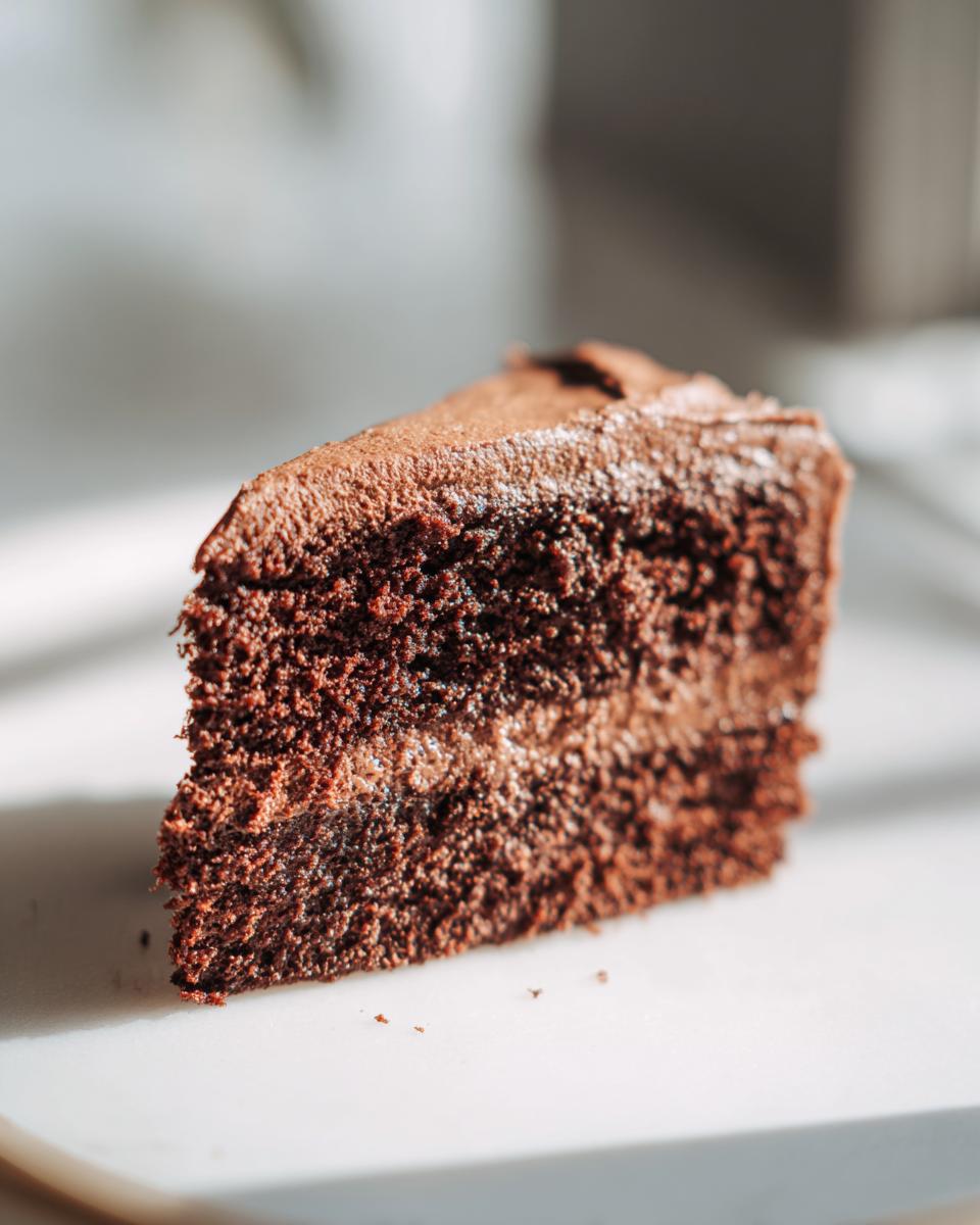 Close-up of a moist, dark chocolate slice of Keto Cakes on a white surface.