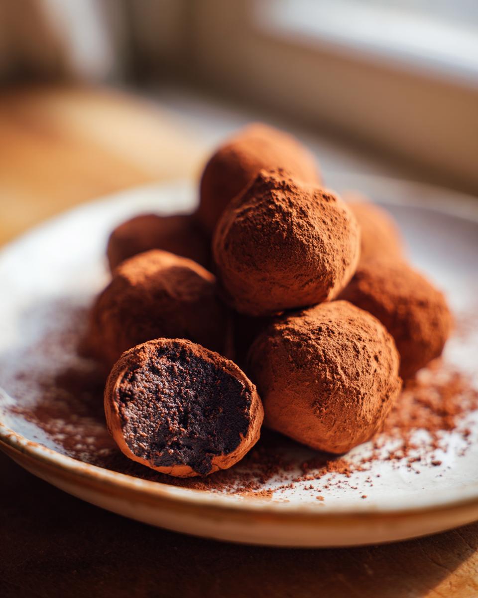 A pile of rich, dark Christmas Truffles dusted heavily with cocoa powder, one cut open to show the dense center.