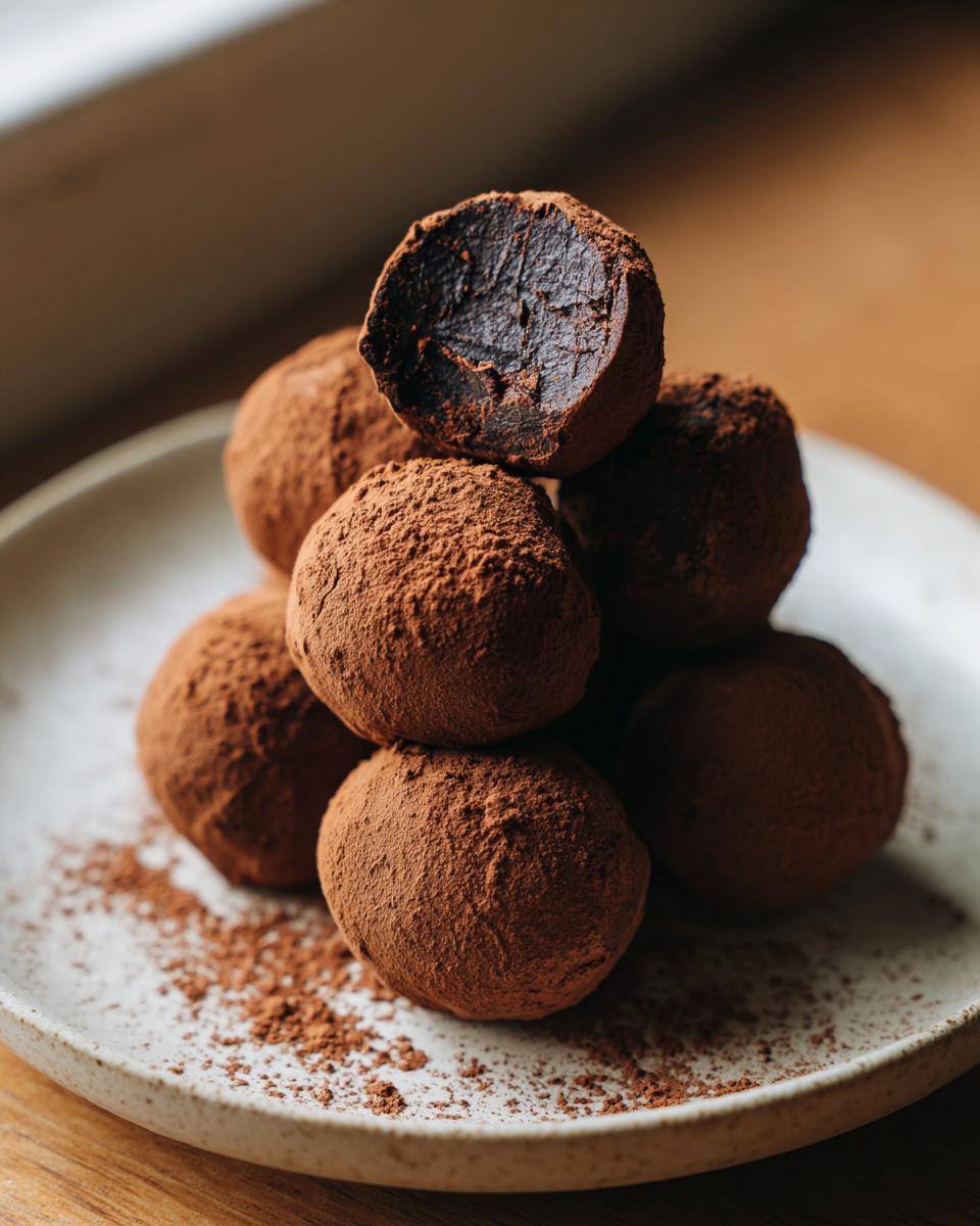 A stack of rich, dark Christmas Truffles heavily dusted in cocoa powder, with one cut open showing the dense center.
