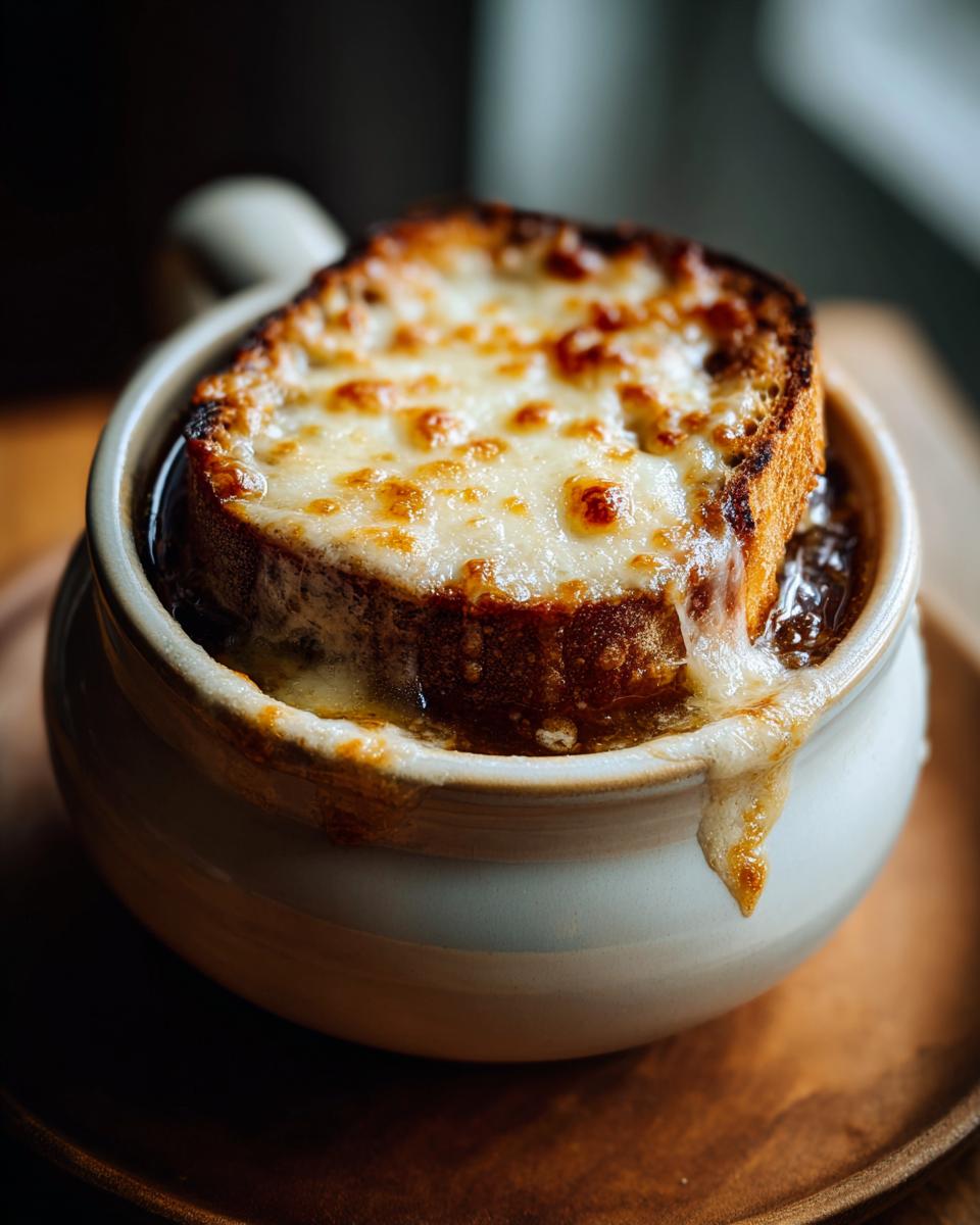 Close-up of a steaming bowl of French Onion Soup topped with a thick slice of bread and bubbling, melted Gruy&egrave;re cheese.
