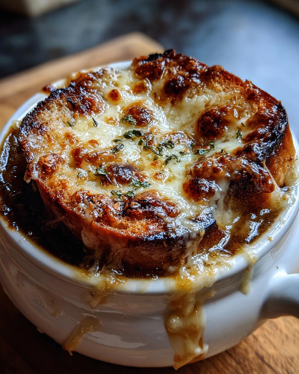 Close-up of a classic French Onion Soup topped with a thick layer of melted, browned cheese and crouton.