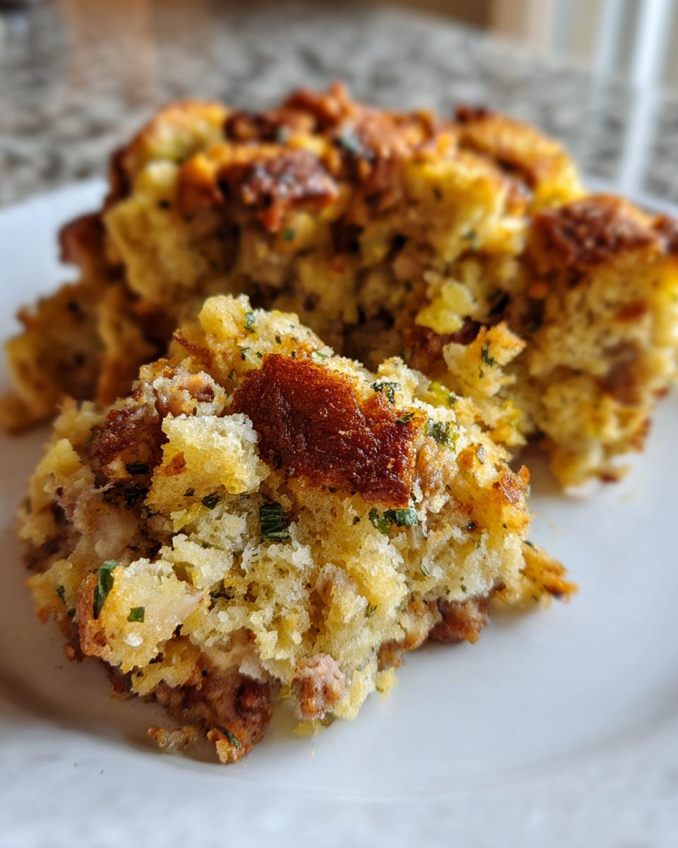 Close-up of a serving of Classic Sage And Sausage Stuffing showing crispy brown edges and moist interior.