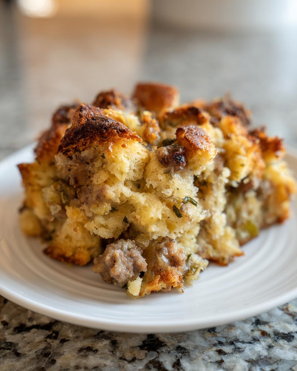 A close-up of a serving of Classic Sage And Sausage Stuffing showing browned bread cubes and chunks of savory sausage.