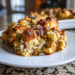 A close-up of a serving of Classic Sage And Sausage Stuffing on a white plate.
