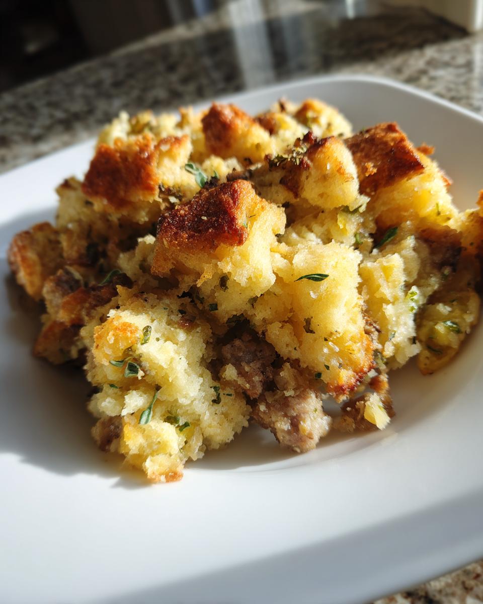 A close-up of Classic Sage And Sausage Stuffing served on a white plate, showing crispy bread cubes and sausage.