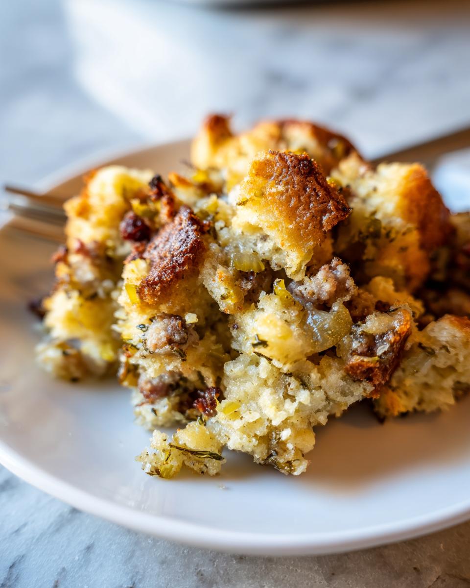 Close-up of a serving of Classic Sage And Sausage Stuffing on a white plate, showing crispy bread cubes and sausage pieces.