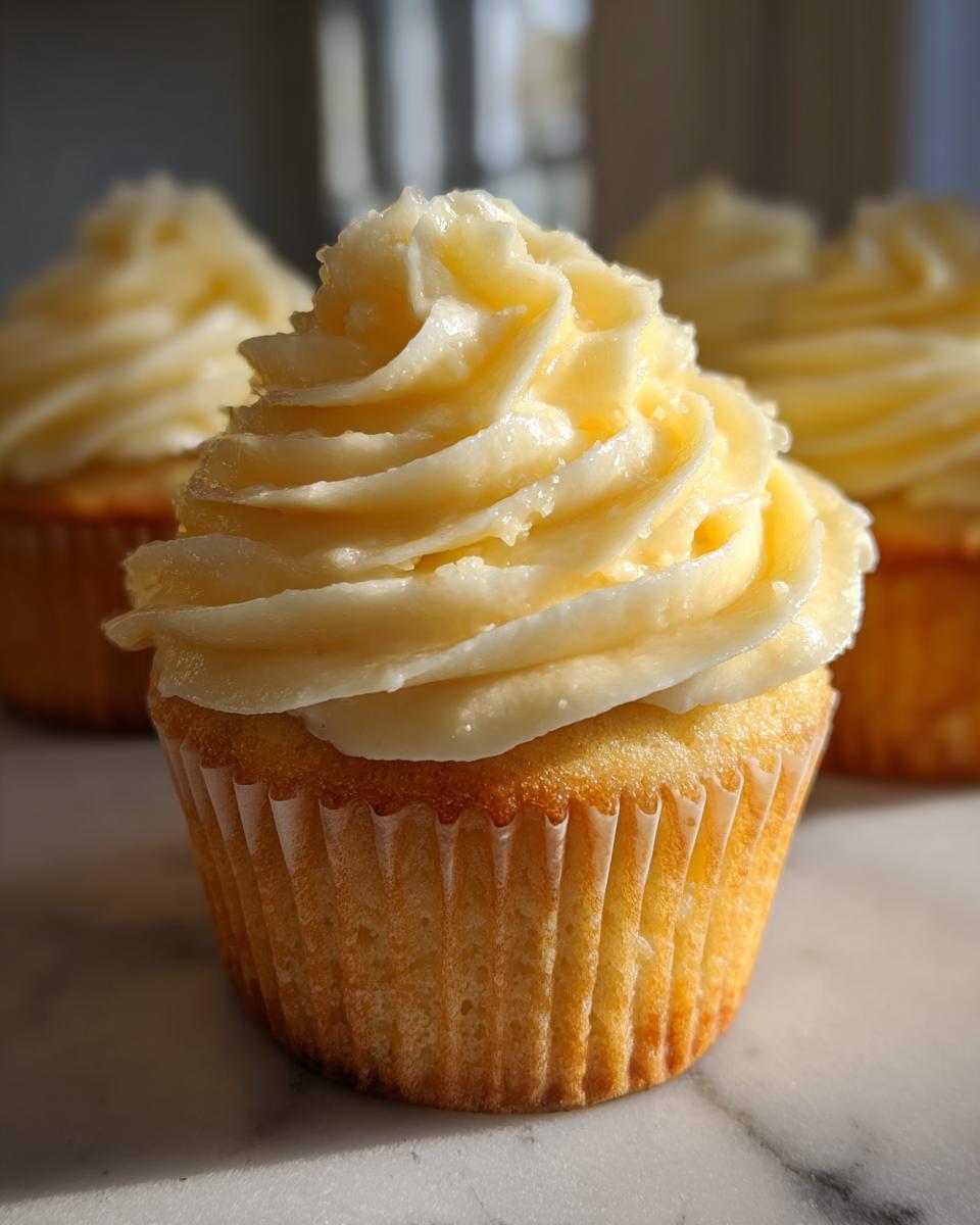 A close-up of a single vanilla Boozy Cupcakes topped with a generous swirl of pale yellow, glossy frosting.