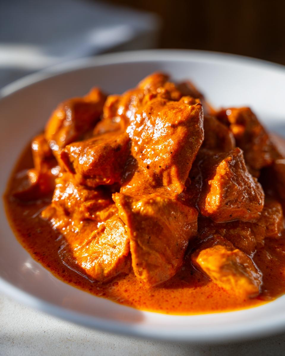 Close-up of tender chicken pieces coated in a vibrant, creamy orange sauce, showcasing the delicious Butter Chicken.