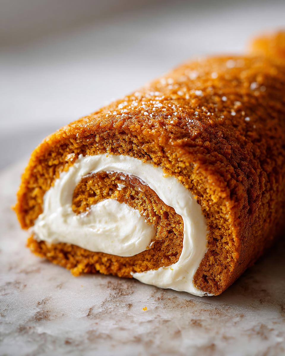 A close-up, cross-section view of a moist Pumpkin Roll filled with thick cream cheese frosting, dusted with powdered sugar.
