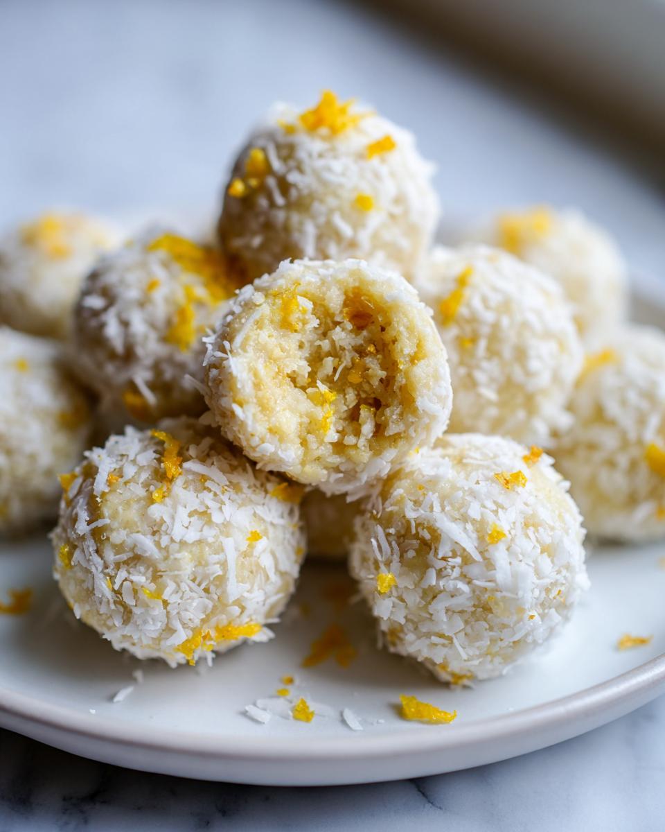 A pile of coconut-covered lemon truffles, one broken open, perfect for Keto Easter Desserts.