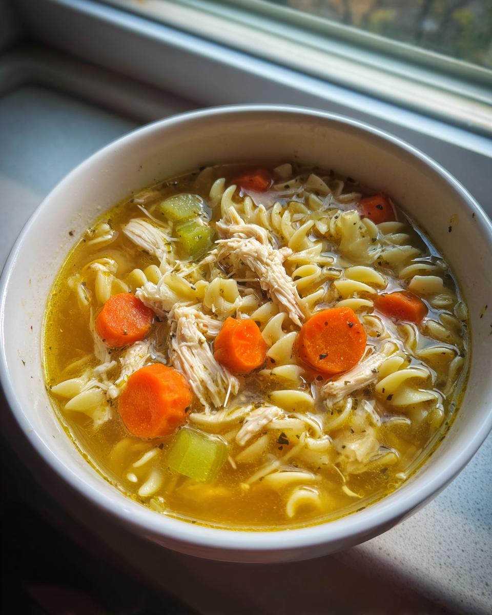 Close-up of a white bowl filled with steaming Chicken Soup featuring shredded chicken, rotini pasta, carrots, and celery in a rich broth.