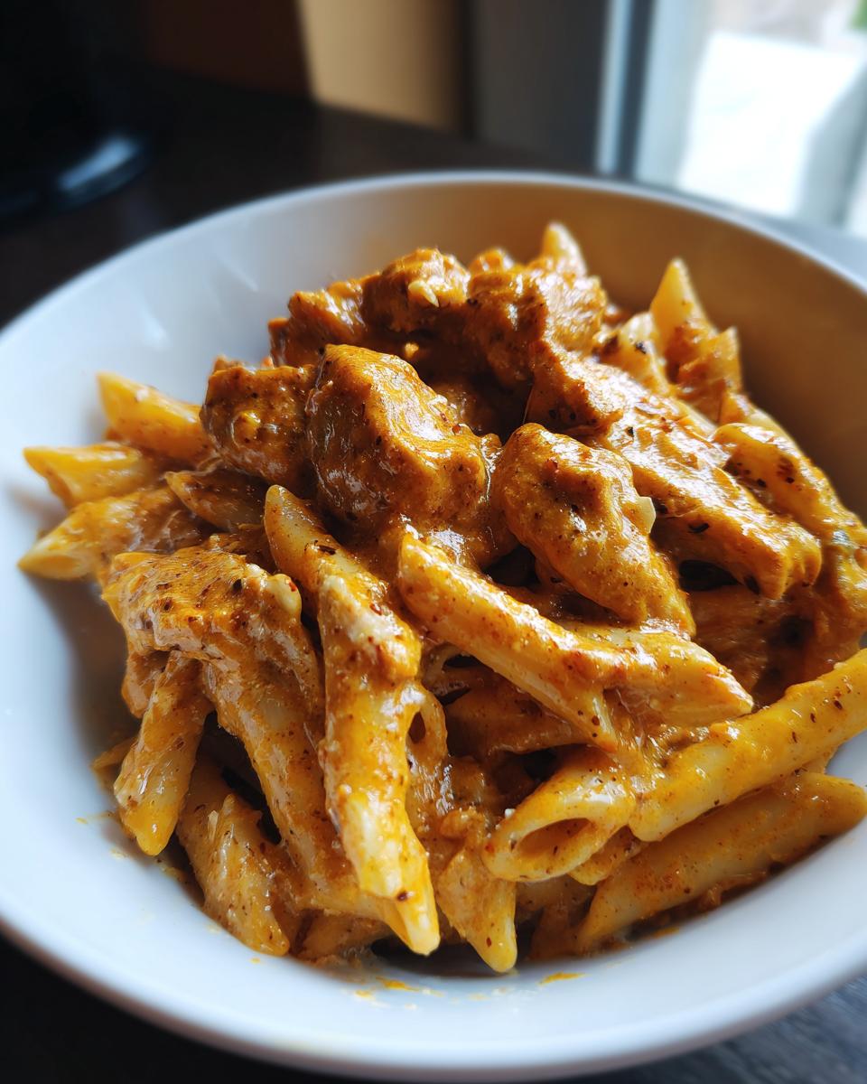Close-up of creamy Cowboy Butter Chicken Pasta featuring penne noodles coated in a rich, orange-hued sauce with chunks of seasoned chicken.