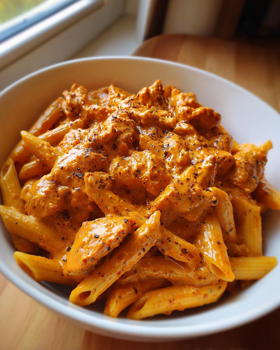 Close-up of creamy Cowboy Butter Chicken Pasta with penne noodles and chunks of seasoned chicken.