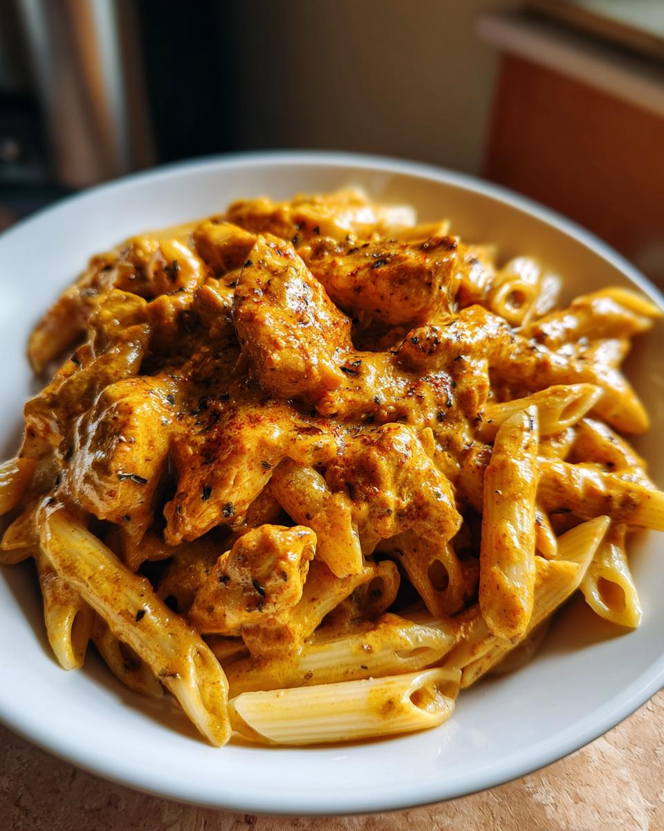Close-up of creamy Cowboy Butter Chicken Pasta featuring penne noodles and seasoned chicken chunks.