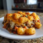 A hearty serving of Cowboy Casserole With Tater Tots topped with melted cheese and parsley on a white plate.