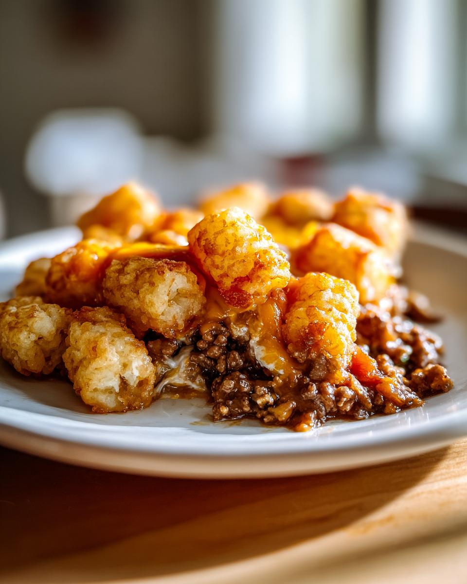 A close-up serving of Cowboy Casserole With Tater Tots showing crispy tots over ground beef and melted cheese.